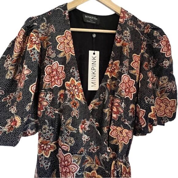 Minkpink Meyhda‎ Floral Puffer Sleeves Wraparound Boho Midi Dress Size Small NWT - Picture 13 of 16